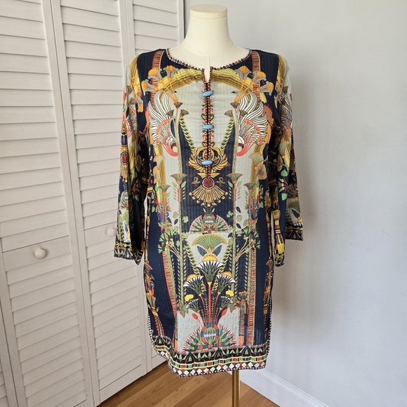 Sapphire Multi Boho Ethnic Print Cotton Kurta Tunic Top Sz S Long Sleeve Artsy - Picture 1 of 13
